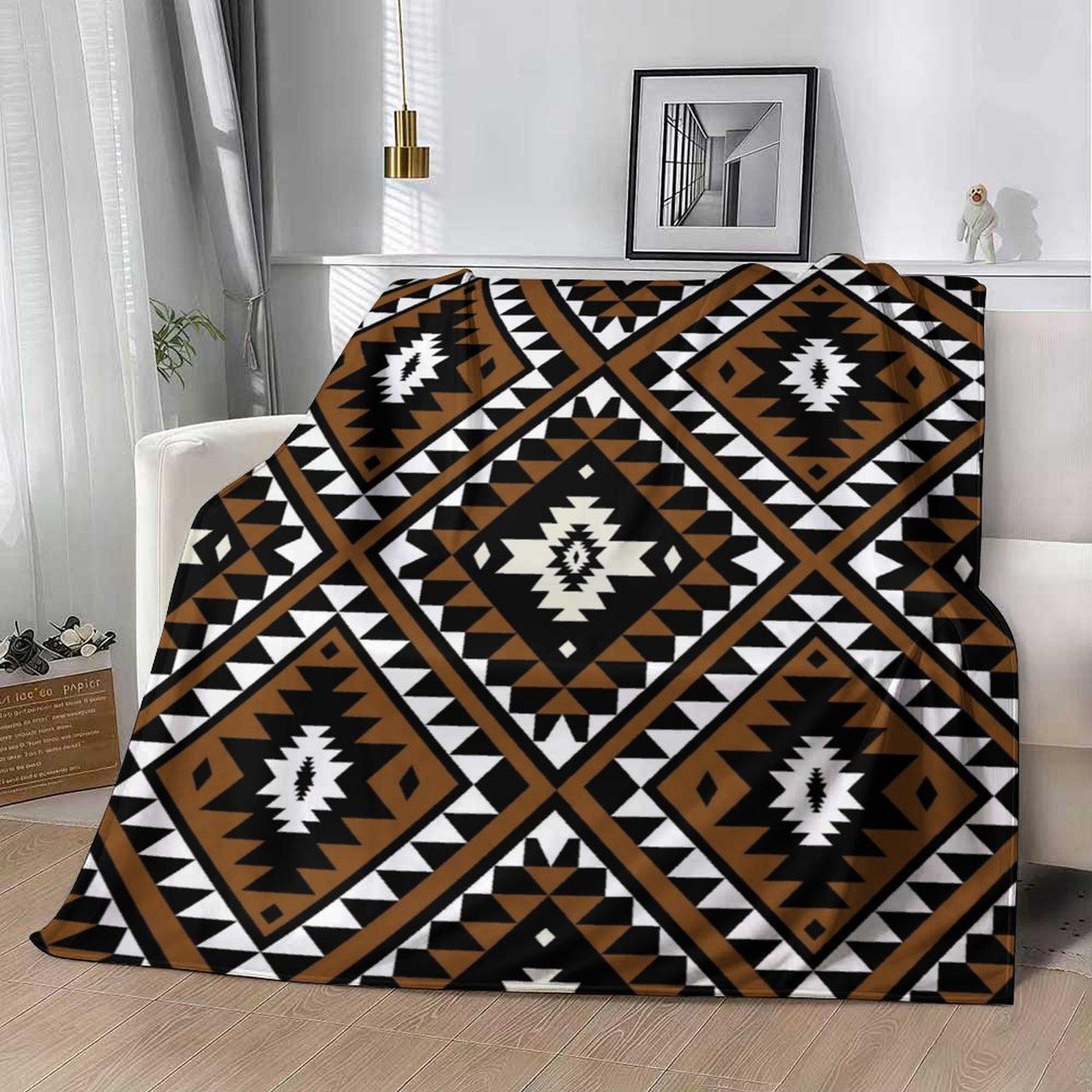 Navajo Southwestern Tribal Fleece Blanket, Aztec Geometric Print Soft Cozy Throw, Brown Black Boho Western Home Decor Gift for Couch Bed