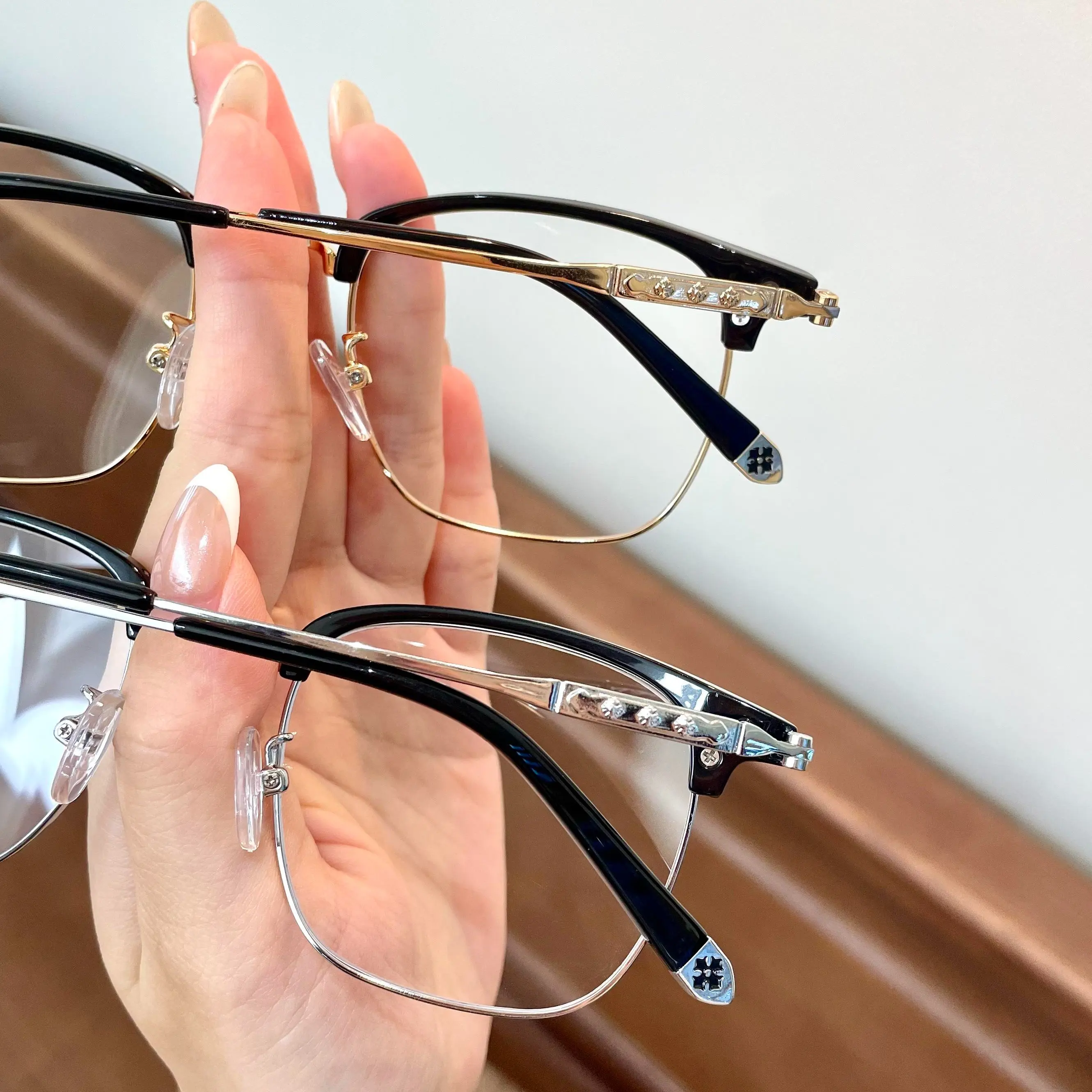 Unisex Textured Transparent Acetate-Metal Browline Black-Gold Classic Square Eyeglasses, Lightweight Minimalist Fashion Frame, Daily Wear Transition Lenses, Stylish Accessories