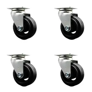 Service Caster SCC-20S420-RSR-4 Swivel Top Plate Caster Set, Black - 4 in. by 2 in. Rubber on Cast Iron Wheel Roller Bearing