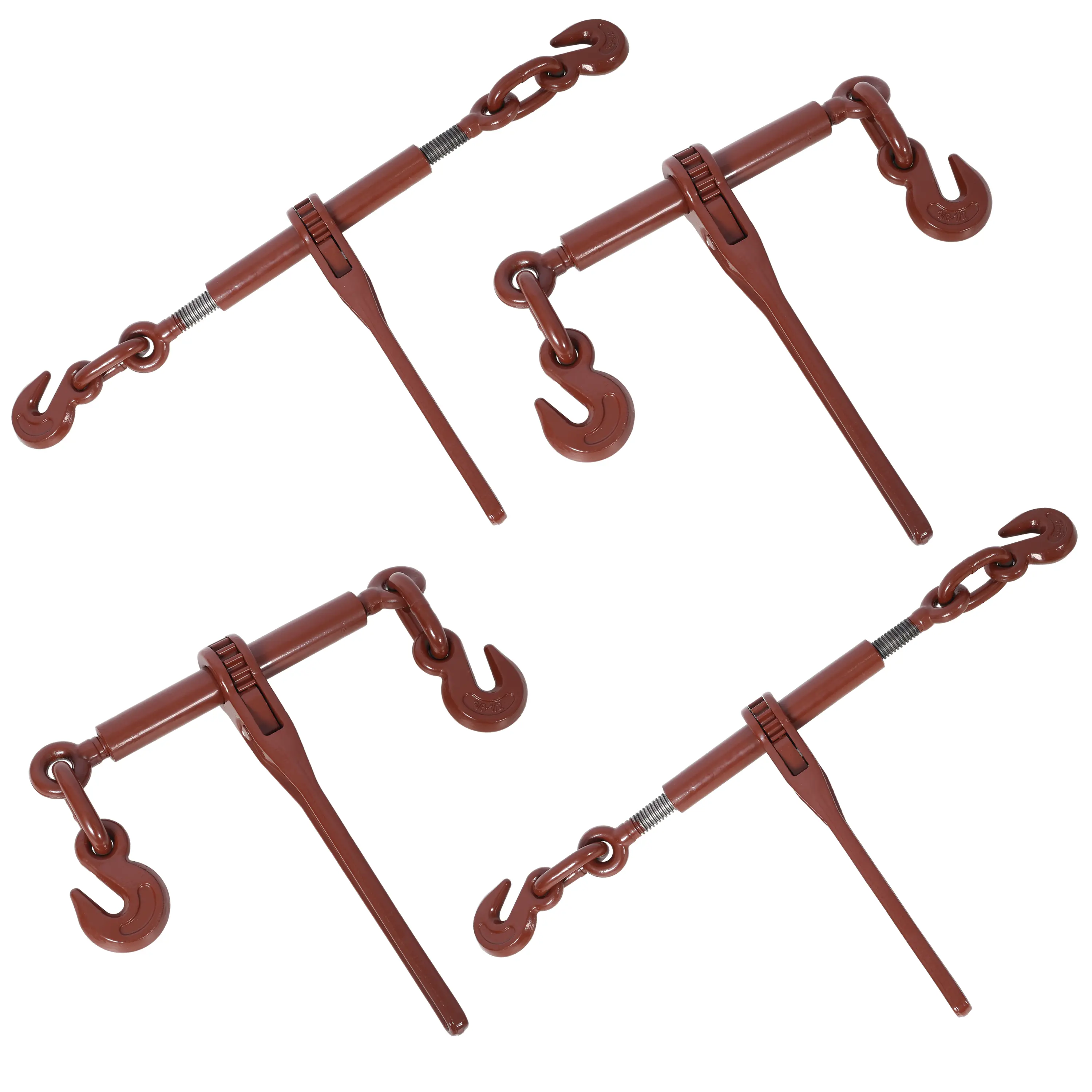 All-Steel Construction Ratchet Binders (4-Pack), 5/16"-3/8" Size, 5400 lbs Working Load Capacity, G70 Hooks, Adjustable Length, Powder Coated Red, for Heavy Equipment Use, All-Metal