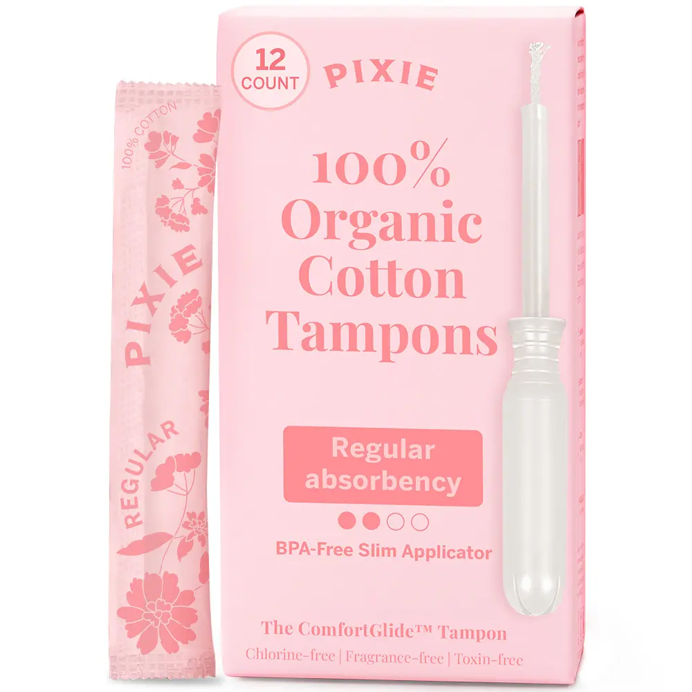 Pixie Organic Cotton Tampons – Regular Absorbency – BPA-Free Long Applicator – Unscented, Chlorine-Free Feminine Care – 12 Count