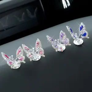 4pcs Dynamic Art Moving Butterfly Car Decorations, Car Ornament, Diamond-Studded Shiny Universal Design, Vibrant Blue Gems, Adhesive Install, Boujee Car Accessories