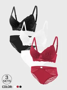 3 Sets of Elegant Lace Bra Set,HighSupport Push-Up Design & Contrast Lace Trim -Comfortable Non-Removable Padding, Sexy Floral Print For Women, Stylish Lingerie, Feminine Lingerie, SoftFabric, Supportive Lingerie,Womenswear,Breathable Underwear Briefs