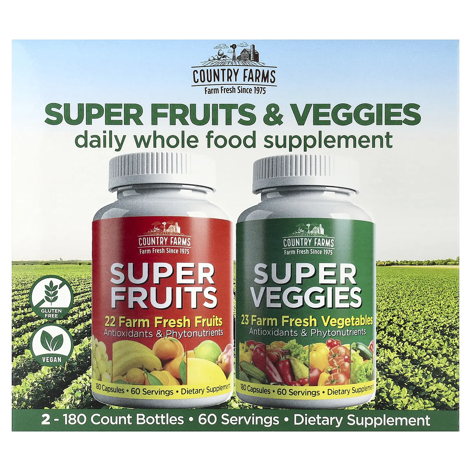 Country Farms Super Fruits & Super Veggies, 2 Pack, 180 Capsules Each