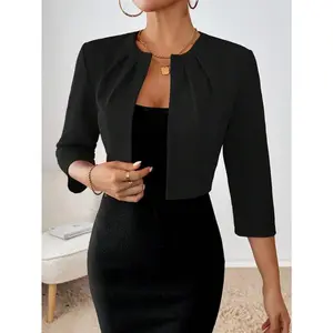 Women's Open Front Pleated Blazer, Long Sleeve Casual Business Jacket for Office or Daily Wear Fabric Fit