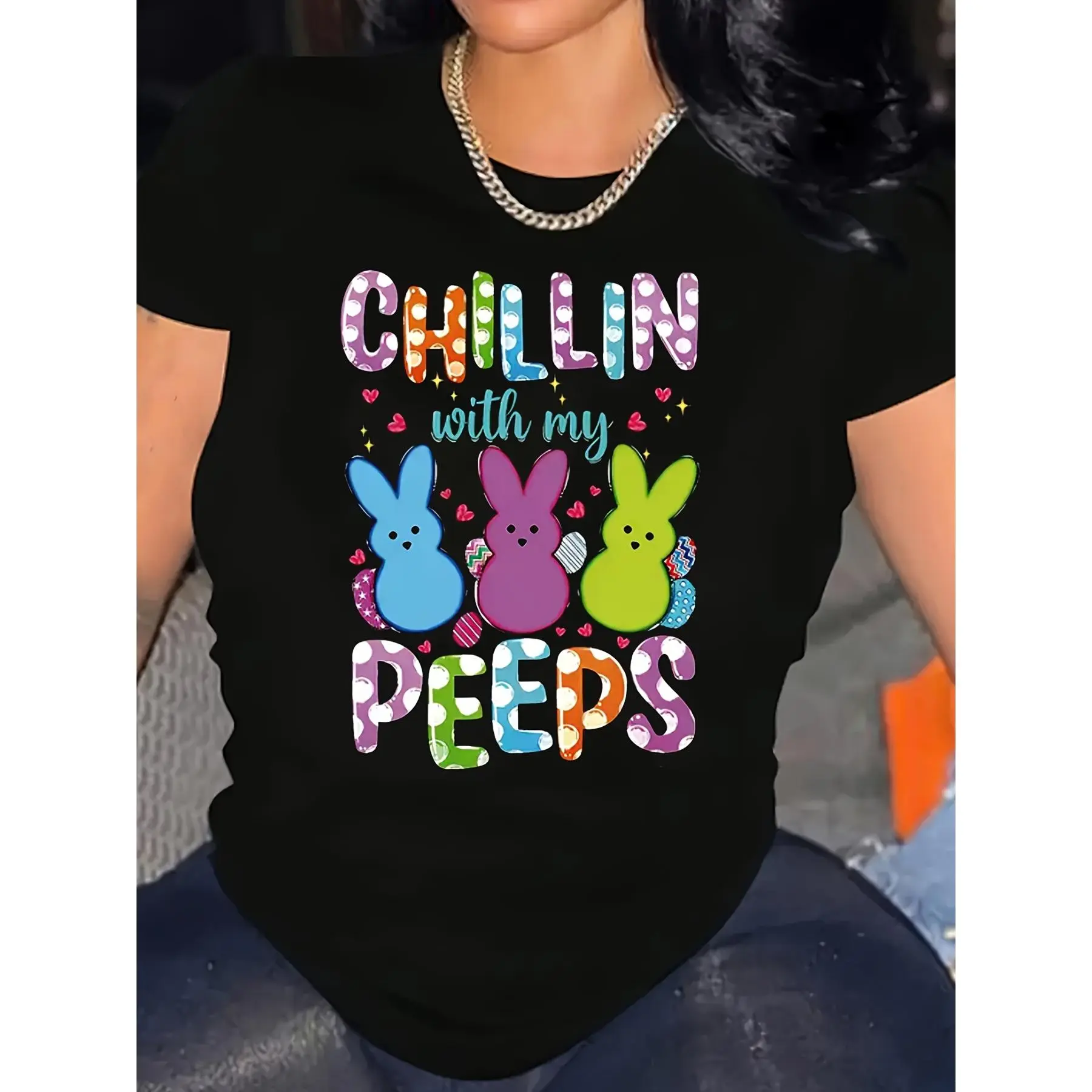 Men's Unisex 100% Cotton Short-Sleeve Round Neck Chillin' With My Peeps Easter Graphic T-Shirt, Casual Printed Fabric Top with Easy Measuring Feature, Tshirt, Shortsleeve, Fitted, Crew Neck, All Seasons, Classic, Digital Print, Menswear, Easter Print