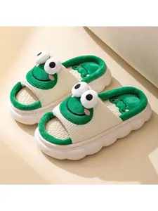 New Spring & Summer Men's & Women's Home-Couple Fluffy Linen Slippers with Thick Soles, Anti-Slip, Cartoon Frog Design, Cute & Fun for All Seasons Footwear