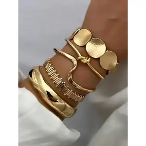 Retro bold geometric wide metal bracelet set, a unique daily gift for women, elegant jewelry accessories, fashionable stacked bracelets