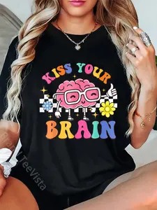 100% Cotton Unisex Kiss Your Brain Cute Teacher Appreciation Back To School T-Shirt Graphic Casual Round Neck Tee