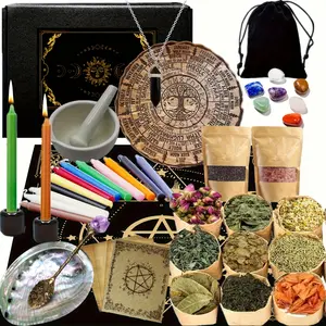 Witchcraft set with a grinding mortar and pestle—candles, witch crystals, dried flowers, herbs, beginner starter kit, suitable for full moon rituals and magical decoration materials, often used as gifts for Easter and St. Patrick's Day Decor Vintage DIY
