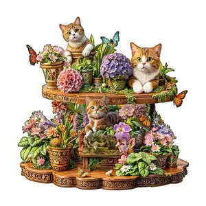 Cat Garden Wooden Jigsaw Puzzle for Adults and Kids Unique Shape Animal Wood Puzzles Challenging Puzzle Family Game Creative Gifts Laser Cut Durable HDF Wood Puzzle Colorful Floral Beautiful