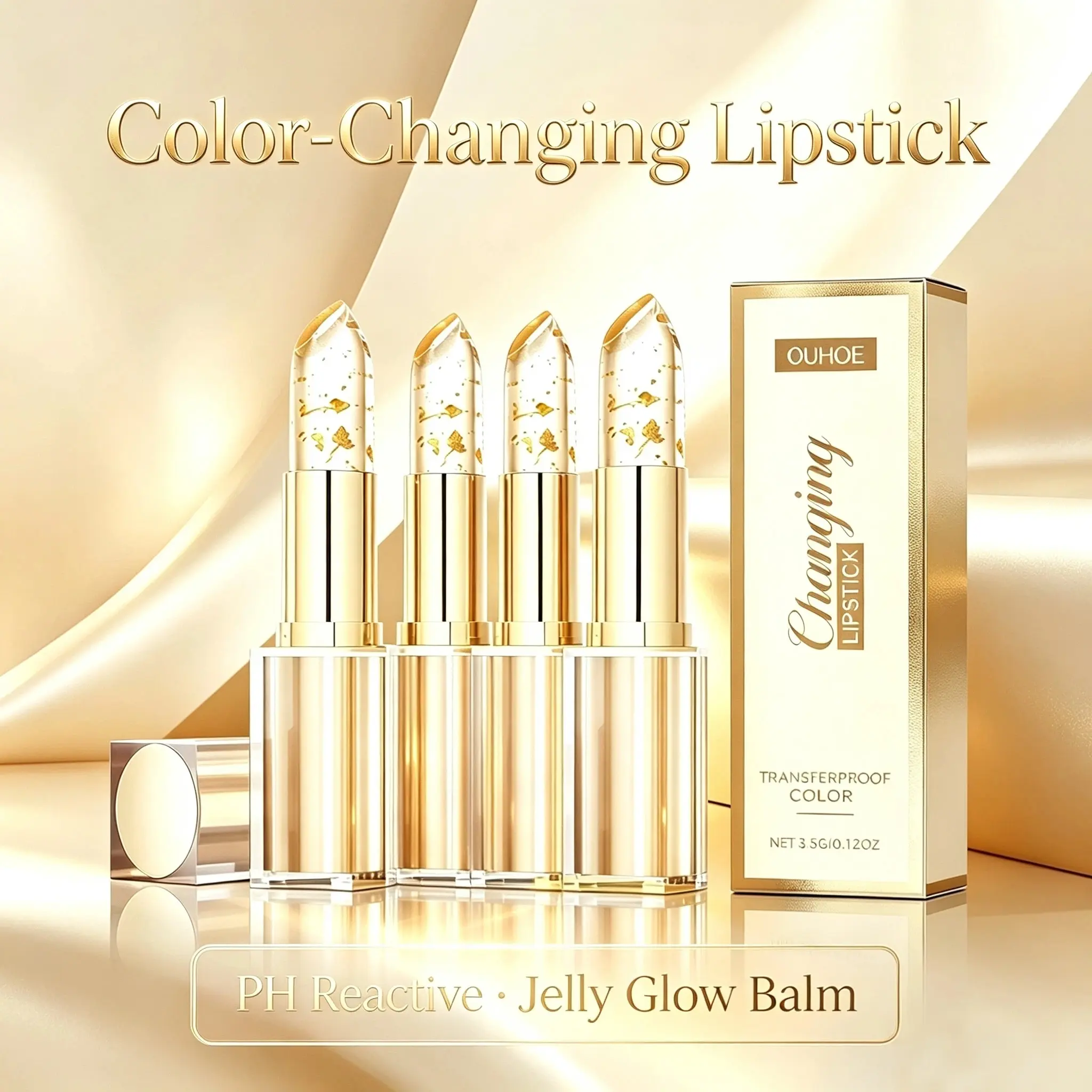 4 PCS Gold Foil Color-Changing Lipstick with Hyaluronic Acid, Hydrating Glossy Lip Care, Water-Glow Smooth Finish, High-Shine Gloss for Women
