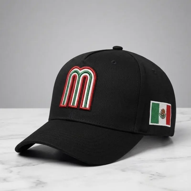 M Mexican Flag Baseball hat A-frame 5 panel Adjustable SnapBack Hat with Embroidered Logo and Authentic embroidered flag Durable High Quality