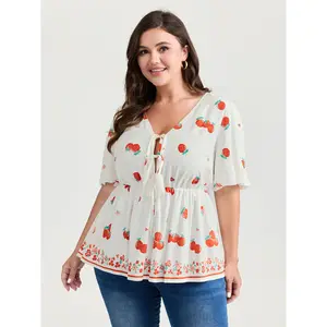 BloomChic Women's Plus Size V-Neck Fresh Tomato Print Short-Sleeve Triple Tie-Front Blouse - Smoke Lady Pick, Smooth Rayon & Polyester Fabric, M-6X 2026 Summer Fit for Mother's Day Swimweek