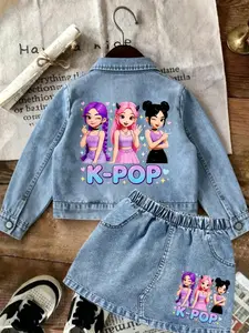 Girls' Denim Set, Light Blue Jean Jacket & Matching Short Skirt, Back Colorful Print, Casual Style, Fits 1-8 Years, Daily Wear