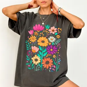 Comfort Colors Retro Wildflowers Graphic Top – Casual Crewneck T-Shirt For Womenswear Summer