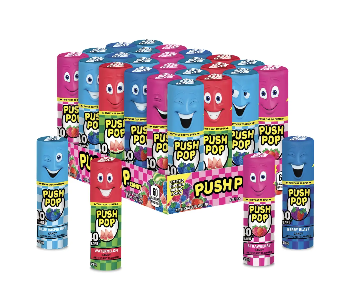 Push Pop Candy Lollipops Variety Candy Party Pack  24 Count Assorted Fruity Flavors -Candy for Gifts, Celebrations, Party Favors, Gift Baskets, & Birthdays Strawberry, Blue Raspberry, Berry Blast & Watermelon