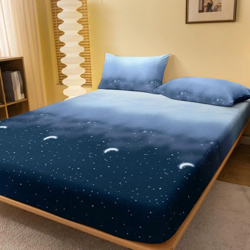 Double Bed Fitted Sheet with 30cm Deep Pocket, 1 Count Starry Sky Print Durable Bedding Sheet, Comfortable Bedspread for Twin Full Queen King