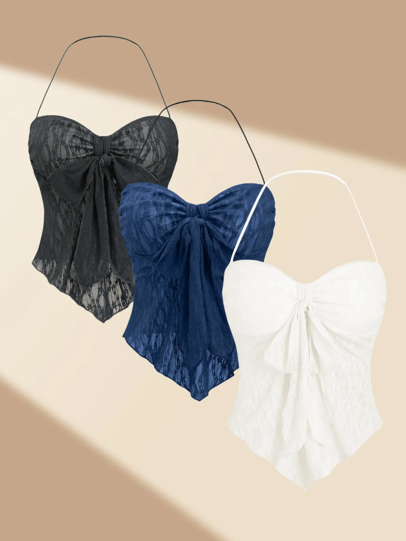 Summer Trendy Lace Halter Neck Backless Bow Front Cami Top Pure Color Women's Shirt Three-Piece Set, Sexy Fitted Design, Plain Pattern Womenswear