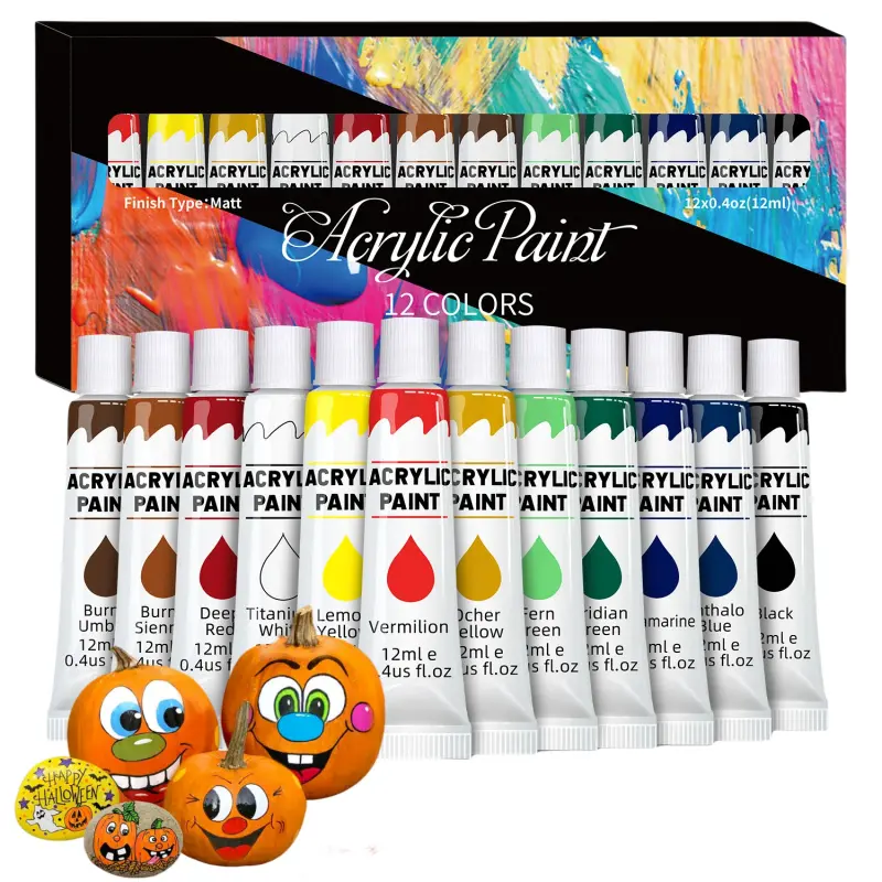 Acrylic Paints Set - 12/24 Colors 12ml Art Painting Kit Coloring Supplies for Wood, Canvas, Fabric, Rock, Glass - Non-Toxic Acrylic Paint for Beginners and Artists Art Craft Supplies
