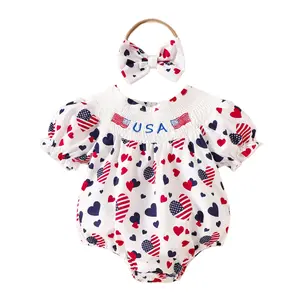 Newborn girl’s clothing for July 4th, American Independence Day theme, ruched puff romper, baby romper, Memorial Day for fallen soldiers theme. Bear Ear Hooded Fleece