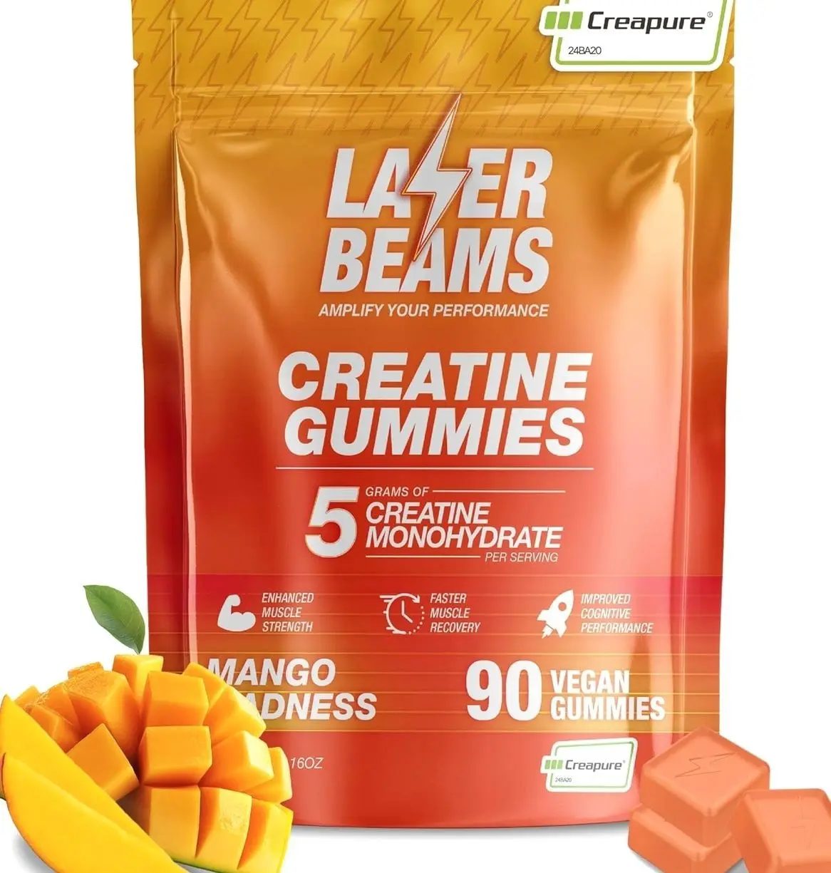 Creatine Monohydrate Gummies for Women & Men - 5g Creapure Creatine per Serving - Vegan, Mango Flavor - Boost Muscle Strength, Endurance, Recovery & Mental Focus (90 Gummies)