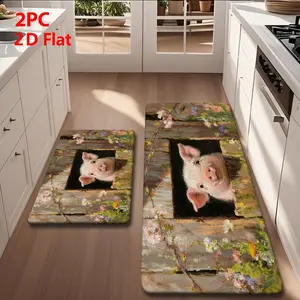 2/3PCS Flannel Kitchen Floor Mat Set, Pig & Floral Print Design, Non-Slip Bottom, Absorbent, Farmhouse Kitchen Rug, Ideal for Kitchen, Bathroom, Laundry Room