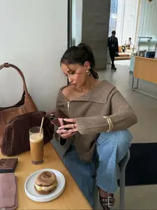 Women's Autumn and Winter New Solid Color Lapel Long Sleeve Knitted Cardigan, Diagonal Zip Design Ribbed Sweater Cardigan, Daily Casual Commuter, Dating Knitted Top, Knitwear