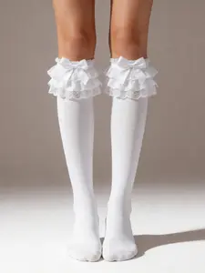 Lace Trim Y2K Ballet Style Chic Sweet Cute Bow Knee High Socks, Preppy Plain Design, All Seasons Fashion Accessories