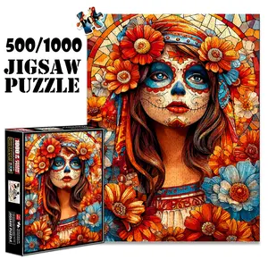 1pc 1000 piece adult puzzle 70x50cm Day of the Dead Inspired Floral - Faced Woman Artwork 500 pieces paper jigsaw puzzle suitable for DIY creative games for adults and families, birthday and holid