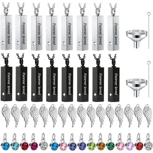 16 Pcs Urn Necklace For Ashes Urn Necklace Stainless Steel Cremation Jewelry For Women Men Cylinder Memorial Necklaces Keepsake Pendant With Funnel(Silver,Black)