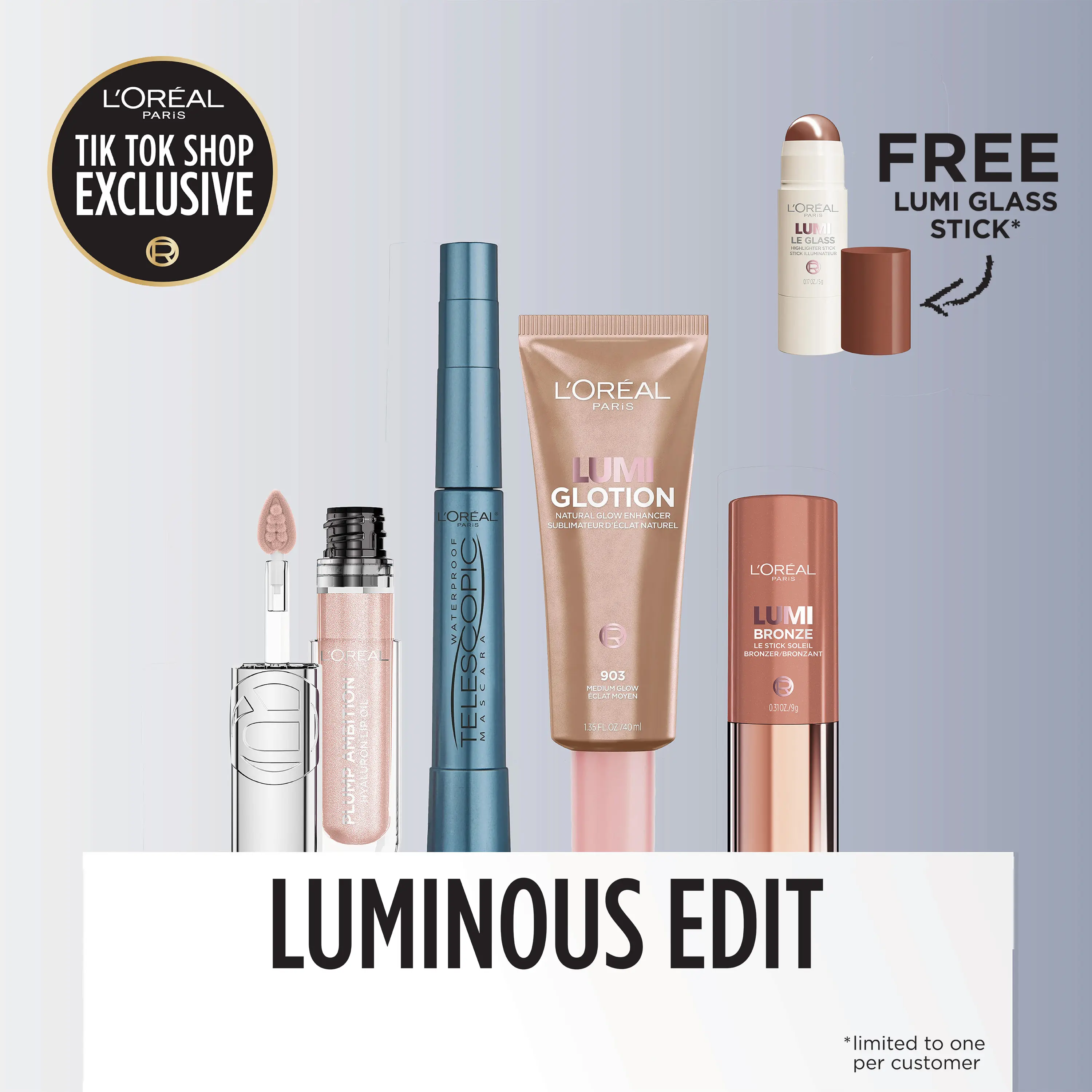 Luminous Edit Bundle, Glotion Highlighter, Lumi Bronzer Stick, Telescopic Waterproof Mascara & Plump Ambition Infinite light Lip Oil by L'Oréal Paris