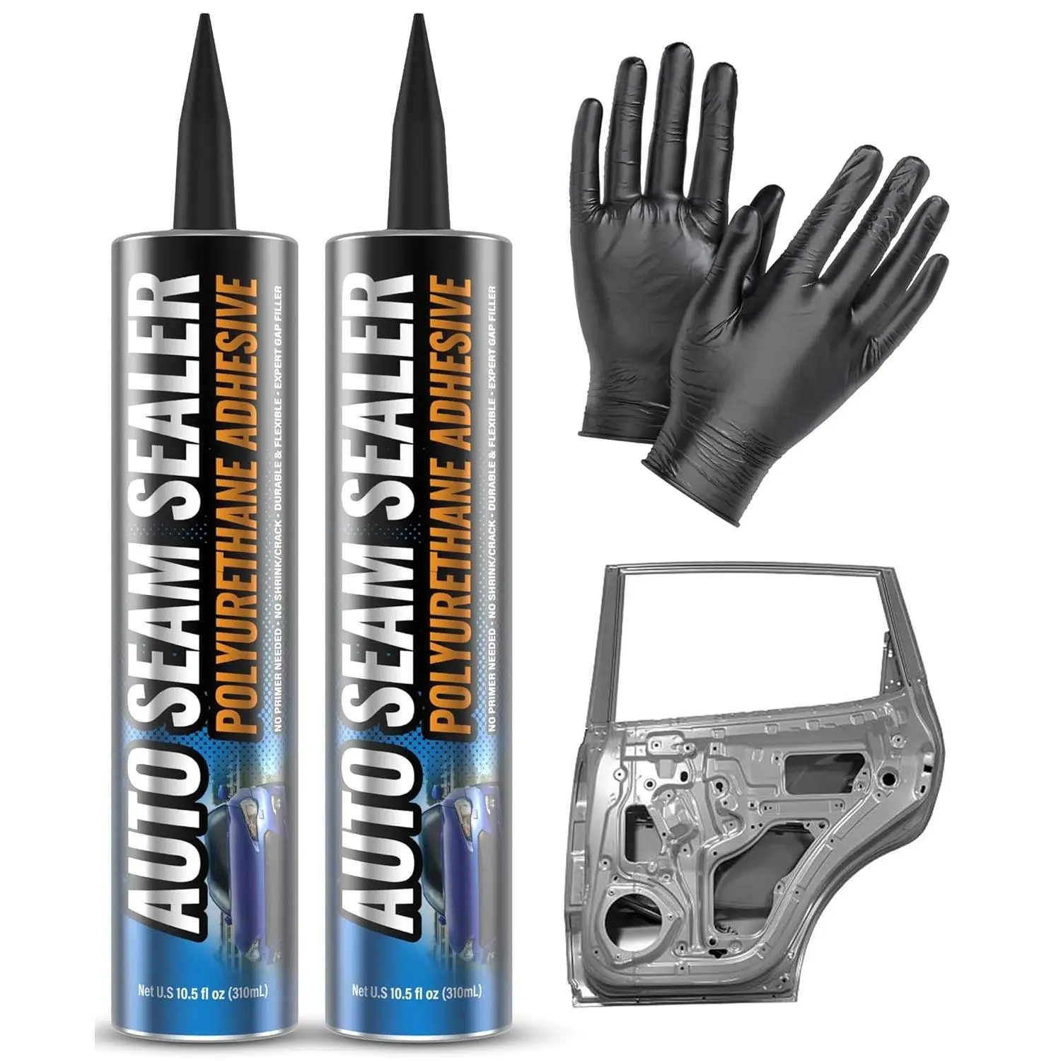 [2 Pack] White Professional Paintable Quick-Set Polyurethane Automotive Seam Sealer - All Seasons, Fast Curing, Strong Bonding, No Prep Needed, Metal (Primed/Painted/Bare) Compatibility, RV Sealing, Indoor Use, Includes Gloves & Tip, Automotive Repair, Me