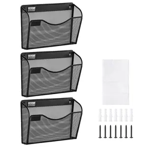 VEVOR File Wall Rack, TikTokShopBlackFriday, Three-Piece 1 Pocket Mesh Wall File Holder, Wall Mounted Magazine Mail Paper & Document Storage Folder, Metal Wall File Organizer with Nametag Label, for Office Home & School