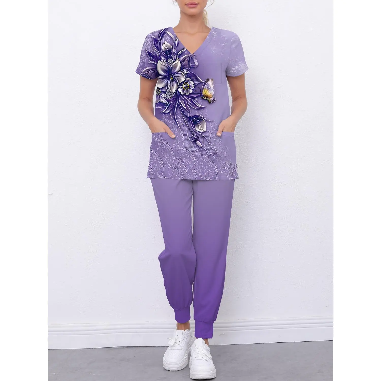 Women's Breathable Printed Two-Piece V-Neck Workwear Set with Pocketed Shirt and Pants