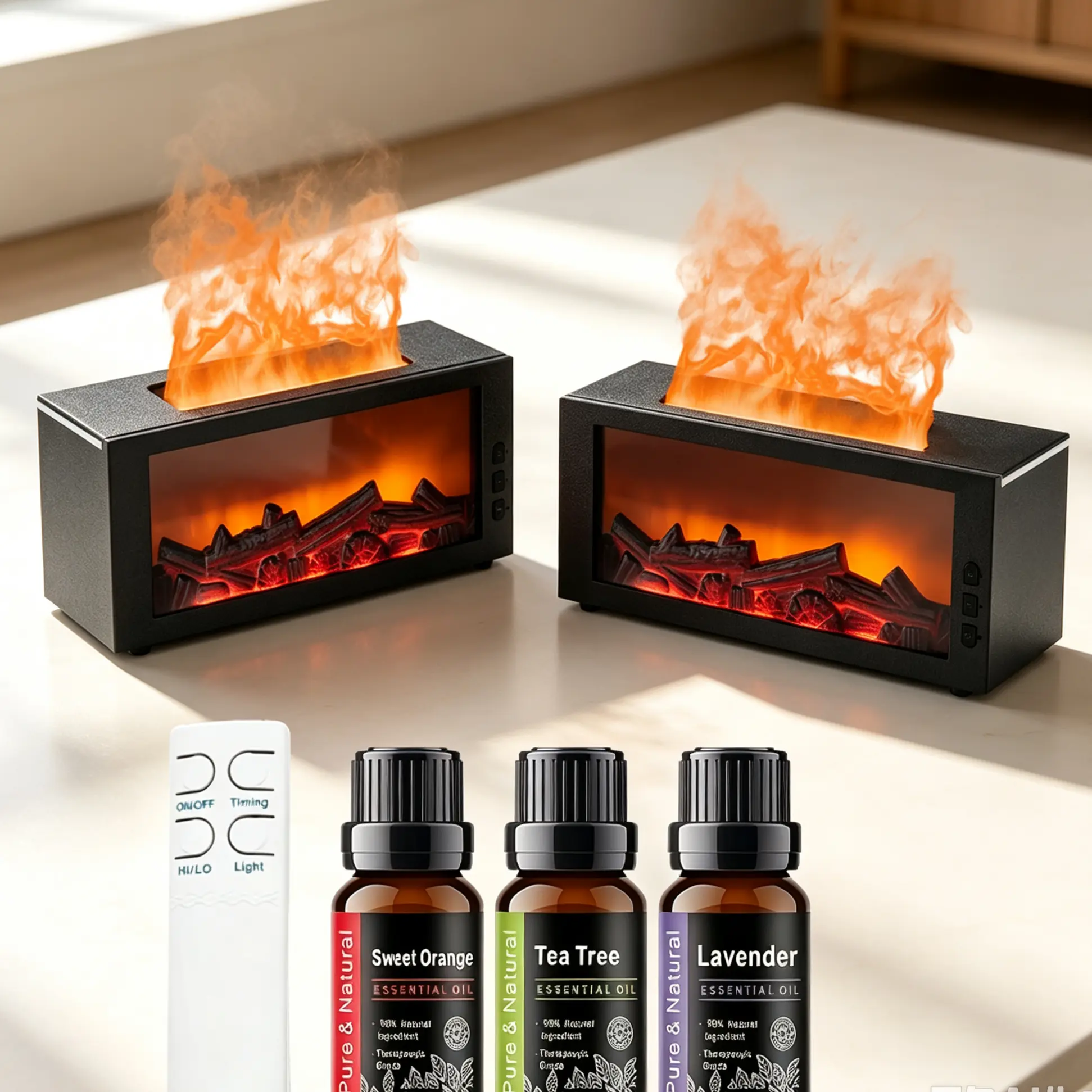 2Pcs Ultrasonic Humidifier Fireplace Flame Aromatherapy Diffuser Set - 300ML, 3 Essential Oils, Remote Control, 7-Color Flame Night Light, 1/3/5H Timer, Auto-Off for Home Decor Gift