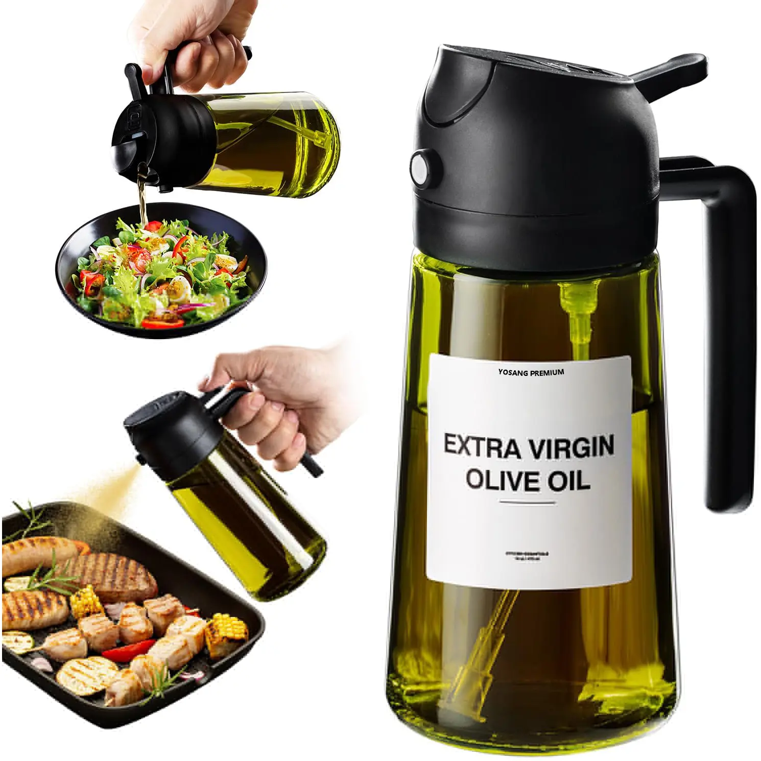 YOSANG 16oz/470ml Light-Blocking Dark Oil Sprayer for Cooking, 2 in 1 Olive Oil Dispenser Bottle for Kitchen, Premium Dark Green Glass Oil Bottle, Food-Grade Oil Mister for Air Fryer, BBQ,with tags, Multi-color selection outdoorfun girly kitchenware