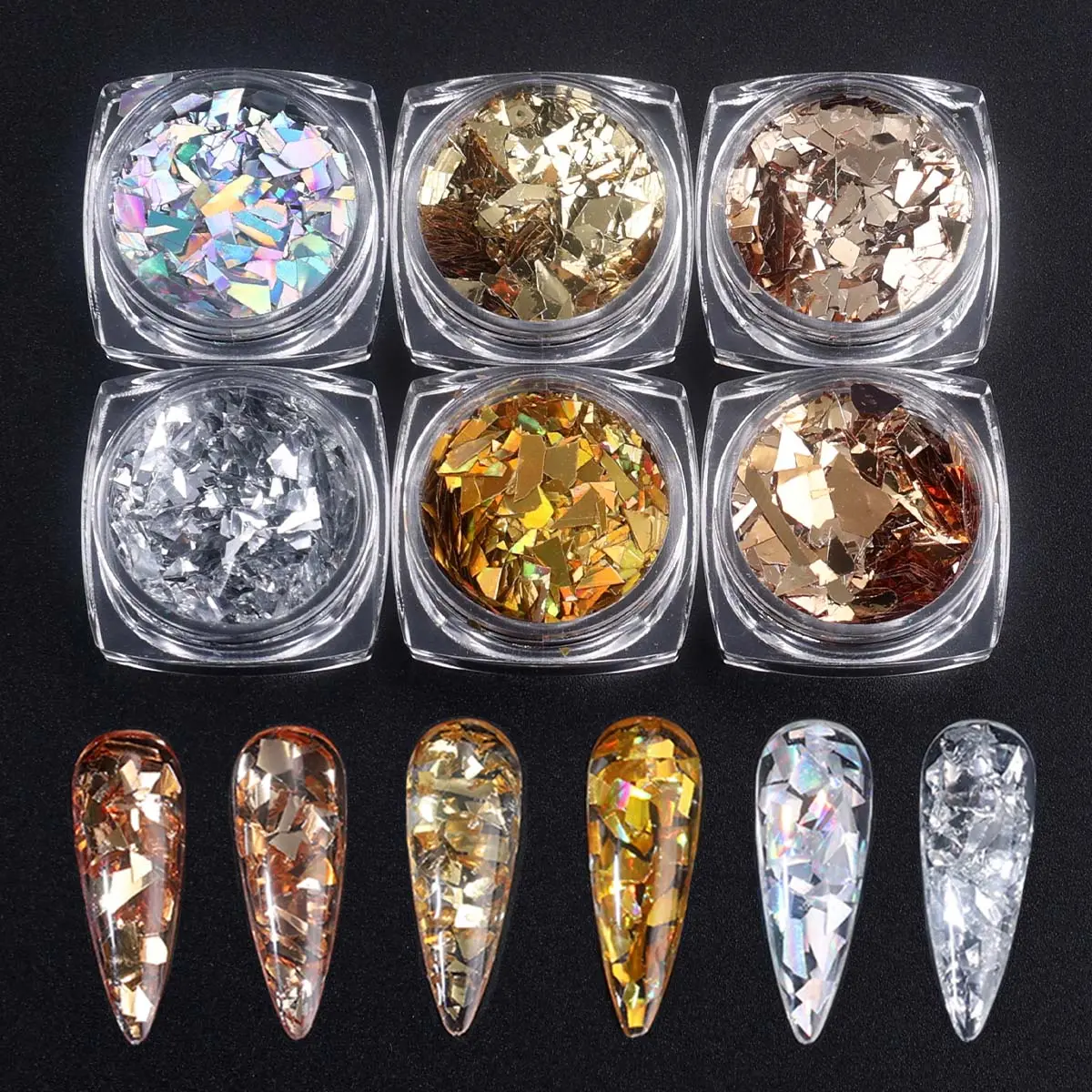 6 Bottle Metallic Color Nail Art Sequins Set, Gold Silver Foil Sheets DIY Manicure Accessories, Shimmery Charm Design Decorations, Glam Pack Glitter, Diy Nail Kit, Metallic Sparkle, Nail Decoration Supplies