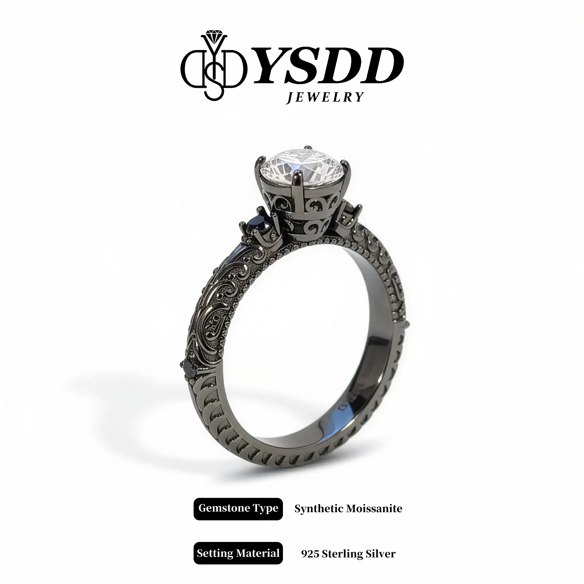 【#675 Obsidian Crown】Royal 1CT Hand-engraved Black-gold Ring vvs Synthetic Moissanite Rings in 925 Sterling Silver