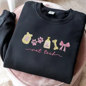 Veterinary Technician Embroidered Sweatshirt, Cute Pet Grooming & Paw Print Pullover, Pink Coquette Ribbon Bow Design, Vet Tech Gift Sweater