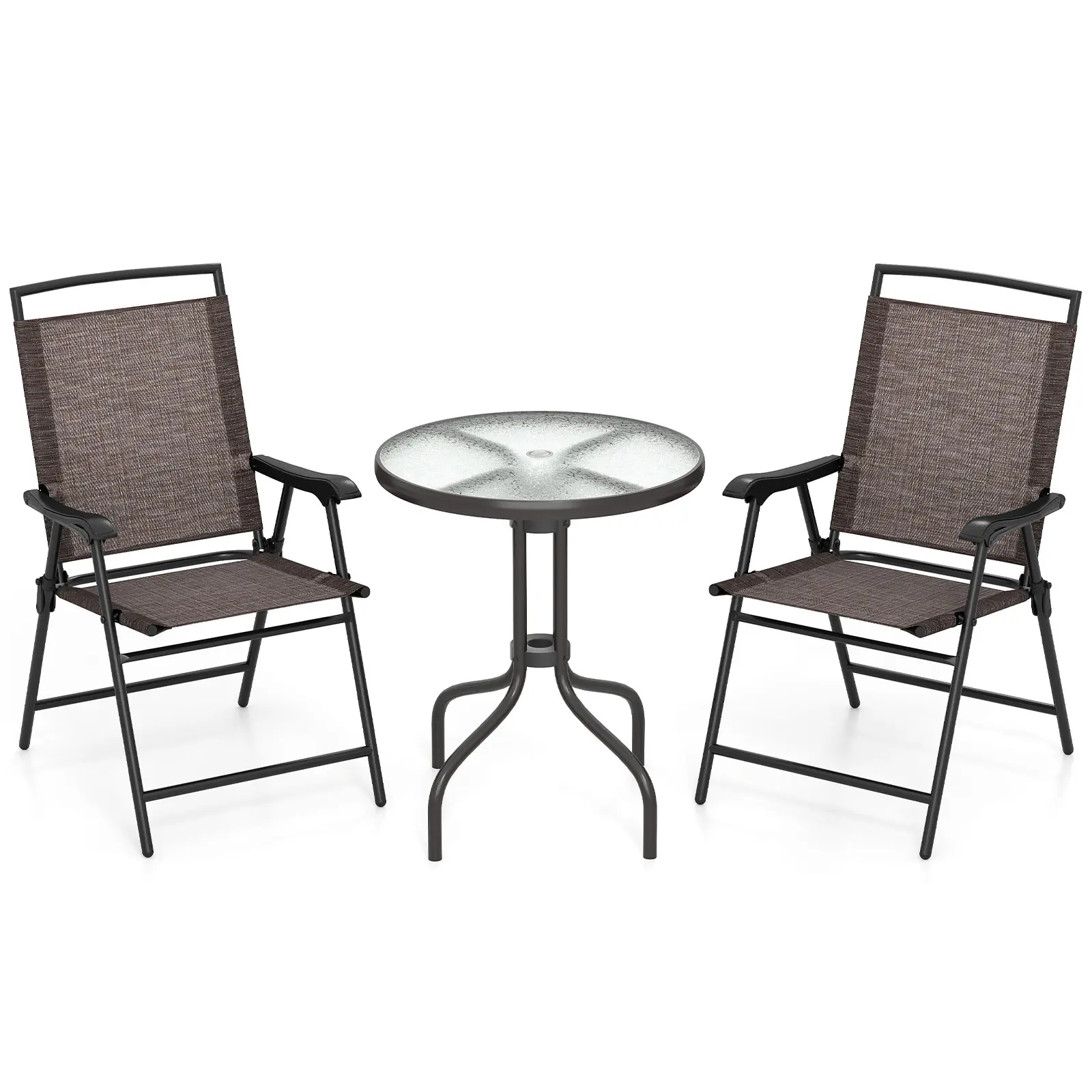 COSTWAY - 3 Pieces Patio Round Table and Folding Chairs Set with Rippled Tempered Glass Tabletop