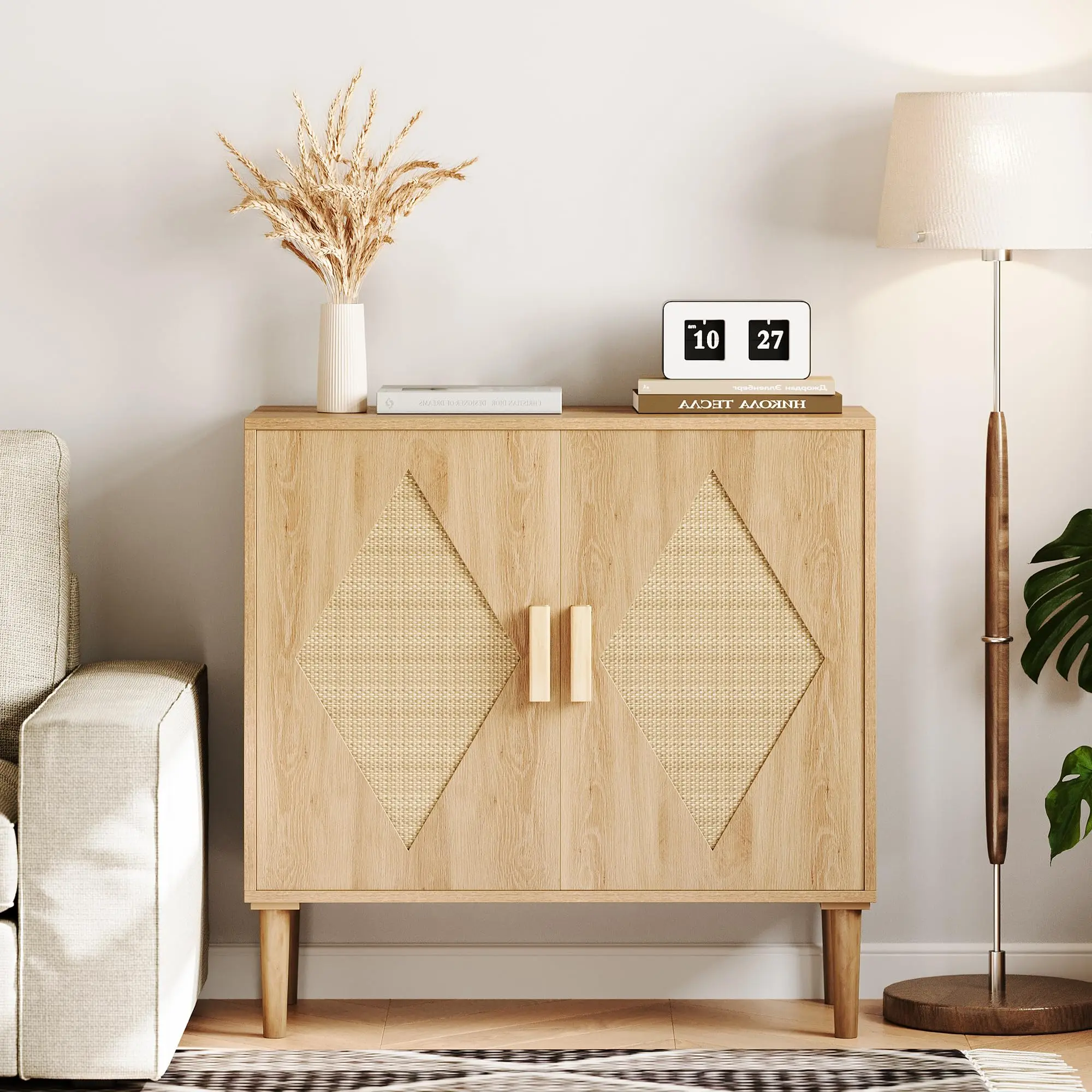 【GARVEE】Sideboard Buffet Kitchen Storage Cabinet with Rattan Doors, Modern Rattan Storage Cabinet Free Standing Accent Cabinet for Living Room, Hallway, Dining Room, Entryway