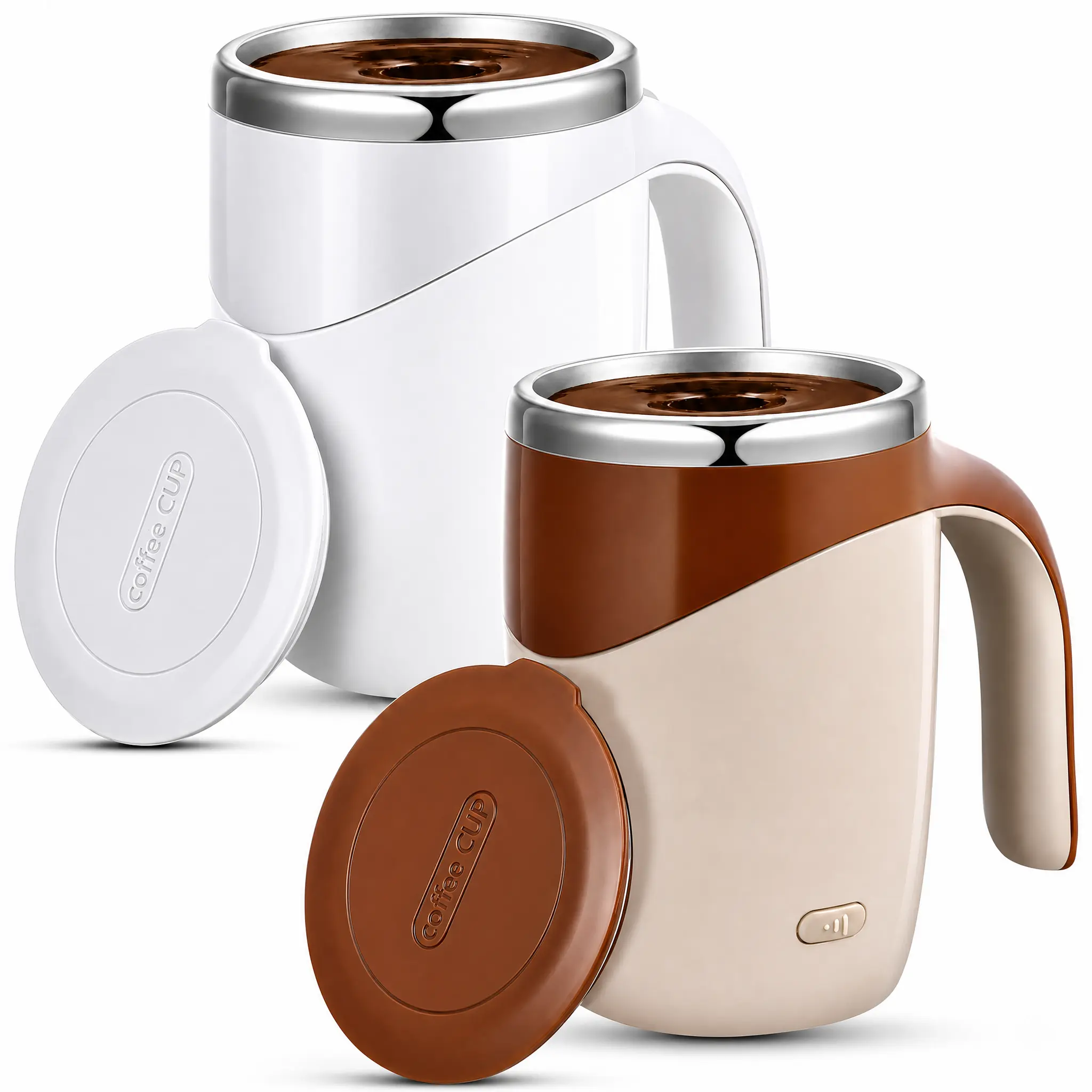 CoffeeCup Electric Coffee Mug with Lazy Rotating Magnet Design Stainless Steel Automatic Stirring Reusable Travel Mug White for Coffee Lovers - Beverage