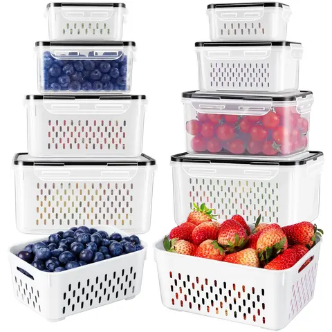 4PCS Rectangular Durable Plastic Food Storage Containers with Removable Colanders - Leak-Proof Kitchen Gadgets, Fridge Organization Tools, Maintains Freshness for Dry Vegetables & Moist Meat