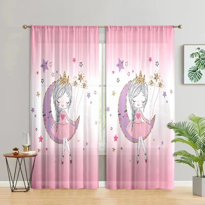 Cartoon Girl Pattern Curtains, 2 Piece Set Cute Curtains, Easy to Hang Half Transparent Polyester Curtains, Multi-Functional for Living Room Office Kids' Room Decor