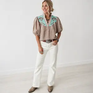 Red Western Pony Embroidered Yoke Puff Sleeve Gingham Blouse