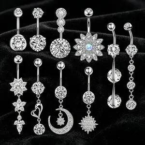 10-piece Mixed Dangle Navel Ring Set, Internally Threaded Curved Barbell with Inlaid Gems, Belly Piercing Charms with Flower, Star, Moon and Heart Elements