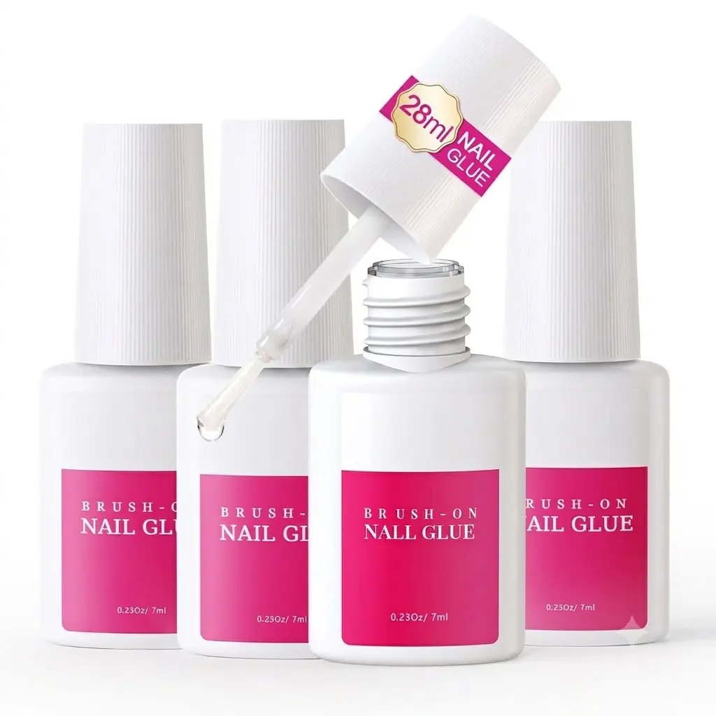 4-Pack Super Strong Brush-On Nail Glue (0.92 oz/28 mL Each) with Precision Applicator, Fast-Drying, Long-Lasting Hold, No UV Lamp Needed, Professional Adhesive for Press-On Tips, DIY Manicures