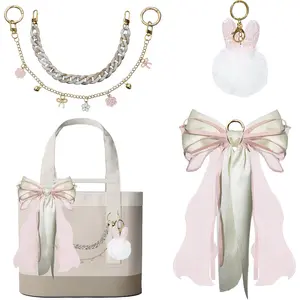 Tote Bag Charms Kit Bow Pom Pom Pearls for Yeti Camino 20/35/50 Bows Plush Ball Metal Chain for Bogg Tote Bags 4/6Pcs