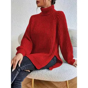 Elegant High-Neck Knit Sweater for Women, Knitted Pullover, Long Sleeves, Wool Blend, Winter Fashion, Casual Style, Perfect for Cold Weather